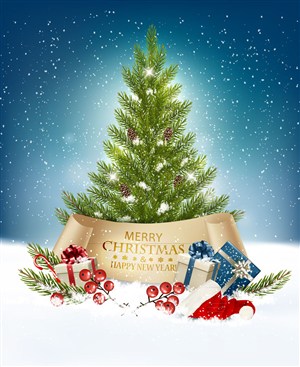 精美雪地圣诞树和礼盒矢量素材 