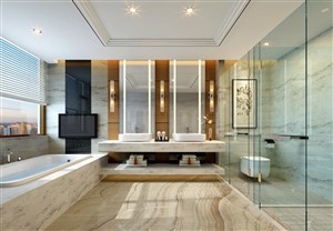 卫生间装修效果图双洗手台配置淋浴和浴缸配备齐全的设计