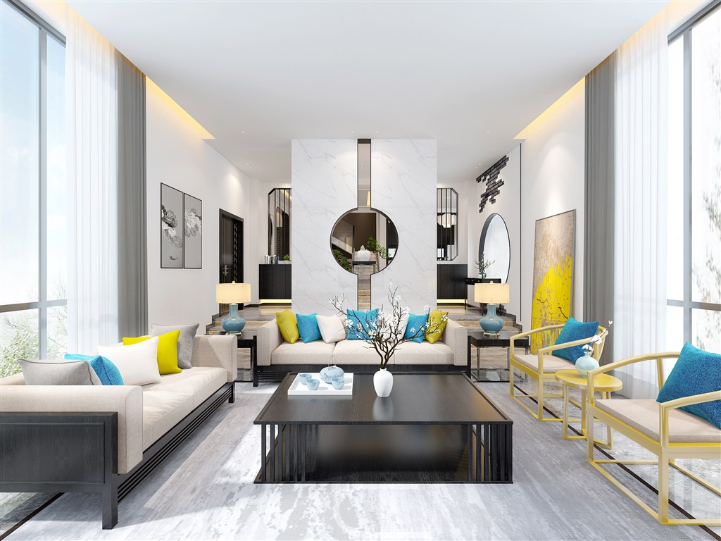蓝白黄色调干净清新客厅装修效果图设计