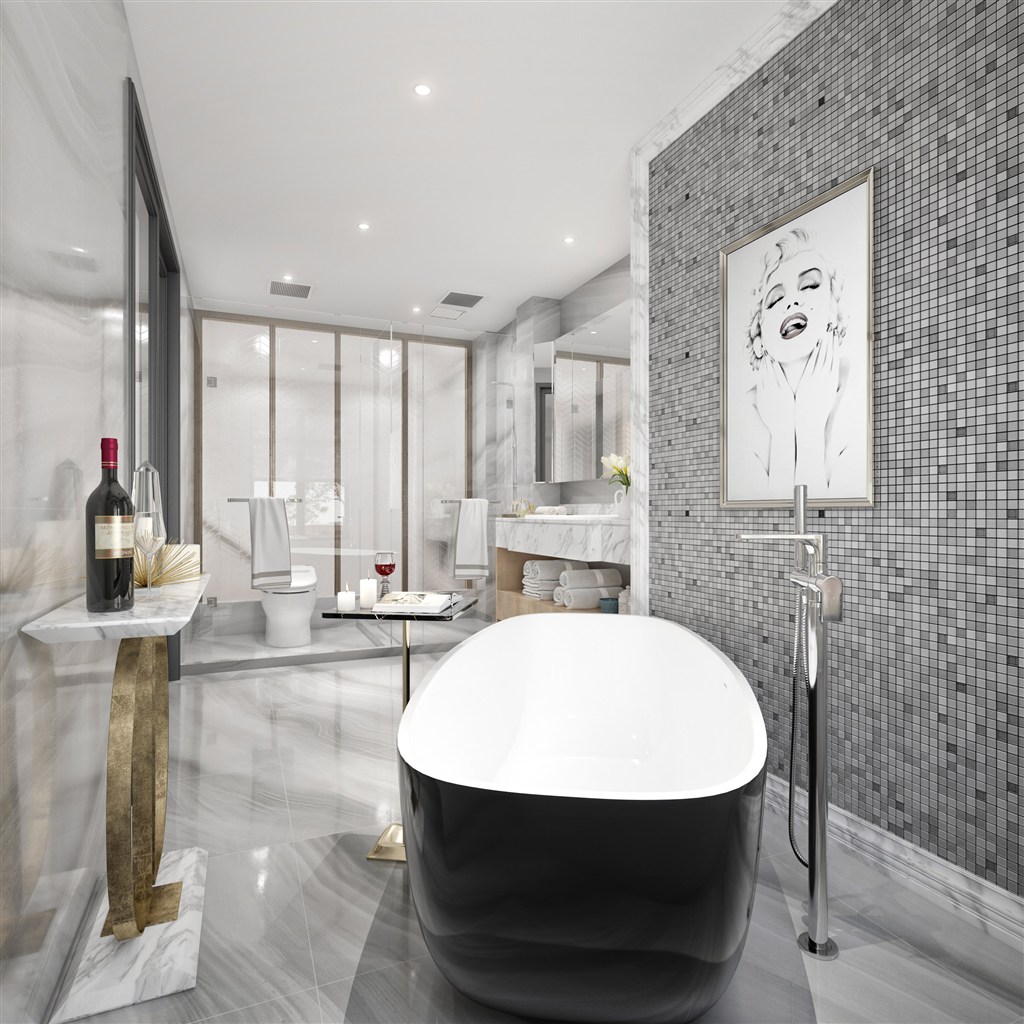 黑白大浴缸浴室装修效果图千鸟格瓷砖装饰设计