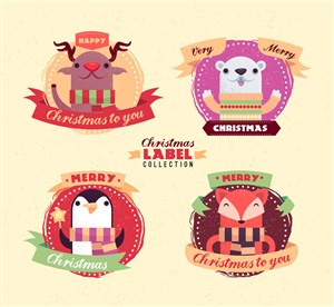 4款可爱圣诞动物标签矢量素材驯鹿小熊企鹅狐狸