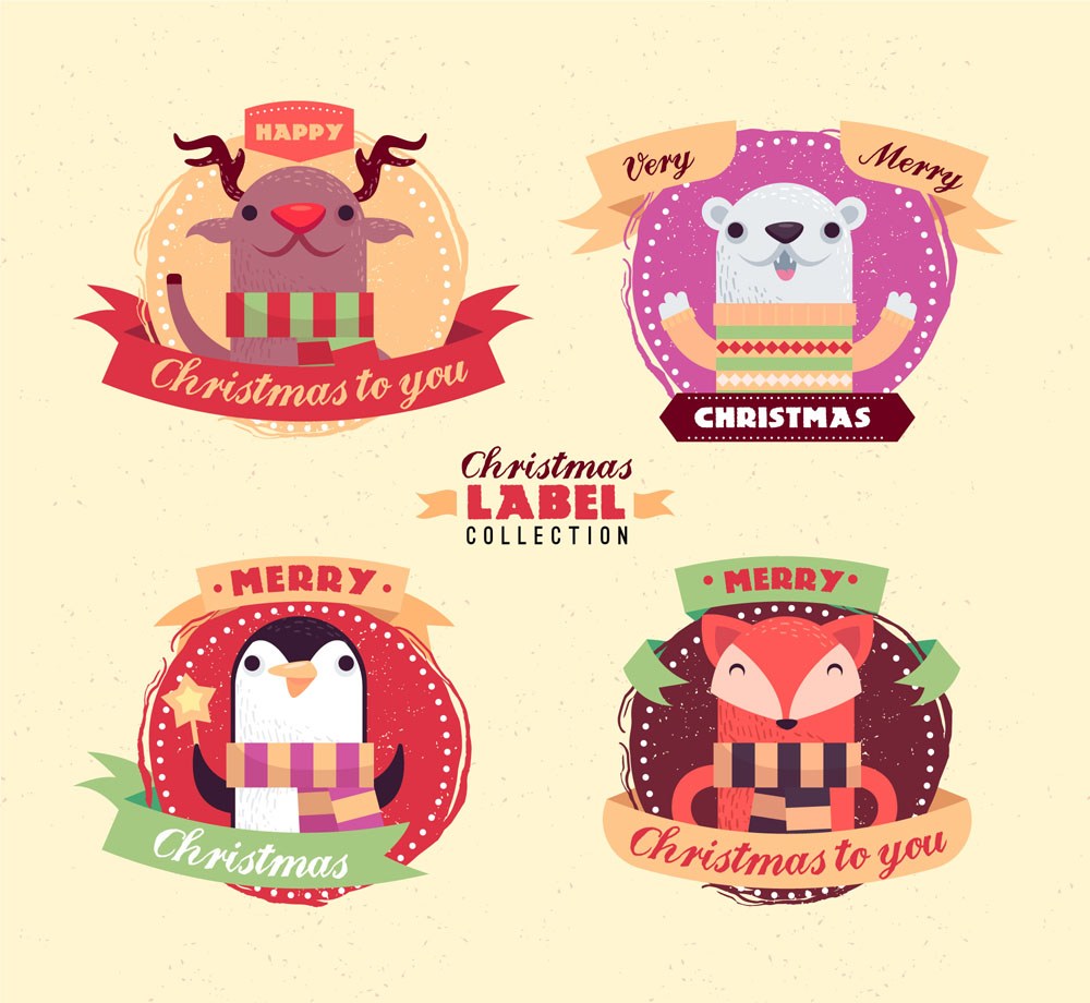4款可爱圣诞动物标签矢量素材驯鹿小熊企鹅狐狸
