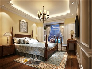 蓝色花朵地毯床单壁画装饰美式风格卧室装修效果图