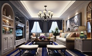 蓝棕条纹毛毯装饰美式风格客厅装修效果图