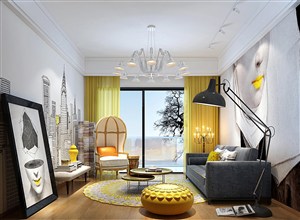 城市壁画创意摆件金色调装饰客厅装修效果图设计