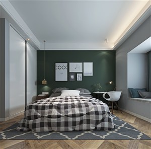 深绿色床头背景墙装饰设计的卧室装修效果图