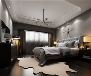 鹿角床头装饰的卧室装修效果图灰色调设计