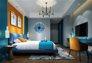 橘色与蓝色搭配设计的卧室装修效果图