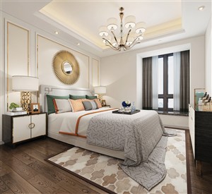 金色大圆盘床头背景墙设计的卧室装修效果图