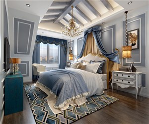 蓝色渐变色装饰设计的卧室装修效果图吊顶拉高设计