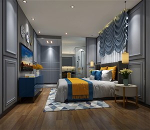 蓝色布艺床头背景墙装饰卧室装修效果图设计