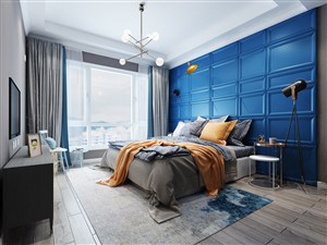 蓝色方形格子床头背景墙装饰卧室装修效果图
