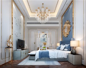 蓝色显高卧室装修效果图设计金色描边
