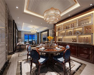 白色酒架欧式风格餐厅装修效果图多层圆形吊灯设计