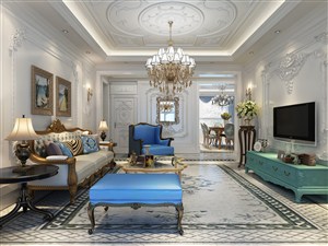 蓝色调欧式风格客厅装修效果图