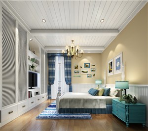 蓝色格子窗帘装饰的卧室装修效果图设计
