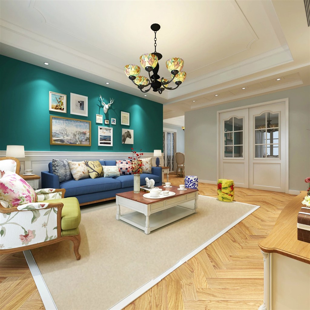美式风格客厅装修效果图绿色沙发背景墙搭配蓝色沙发装饰设计