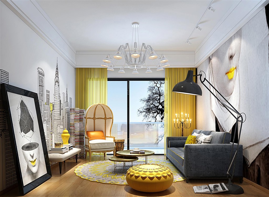 城市壁画创意摆件金色调装饰客厅装修效果图设计