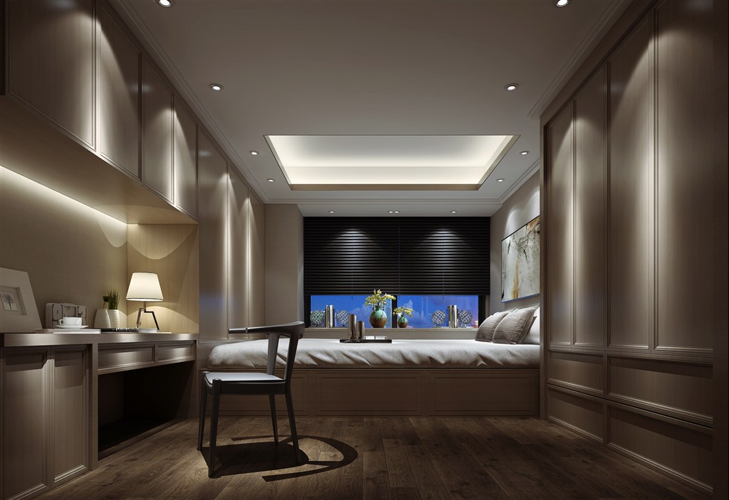 一体化书房卧室装修效果图棕色调设计