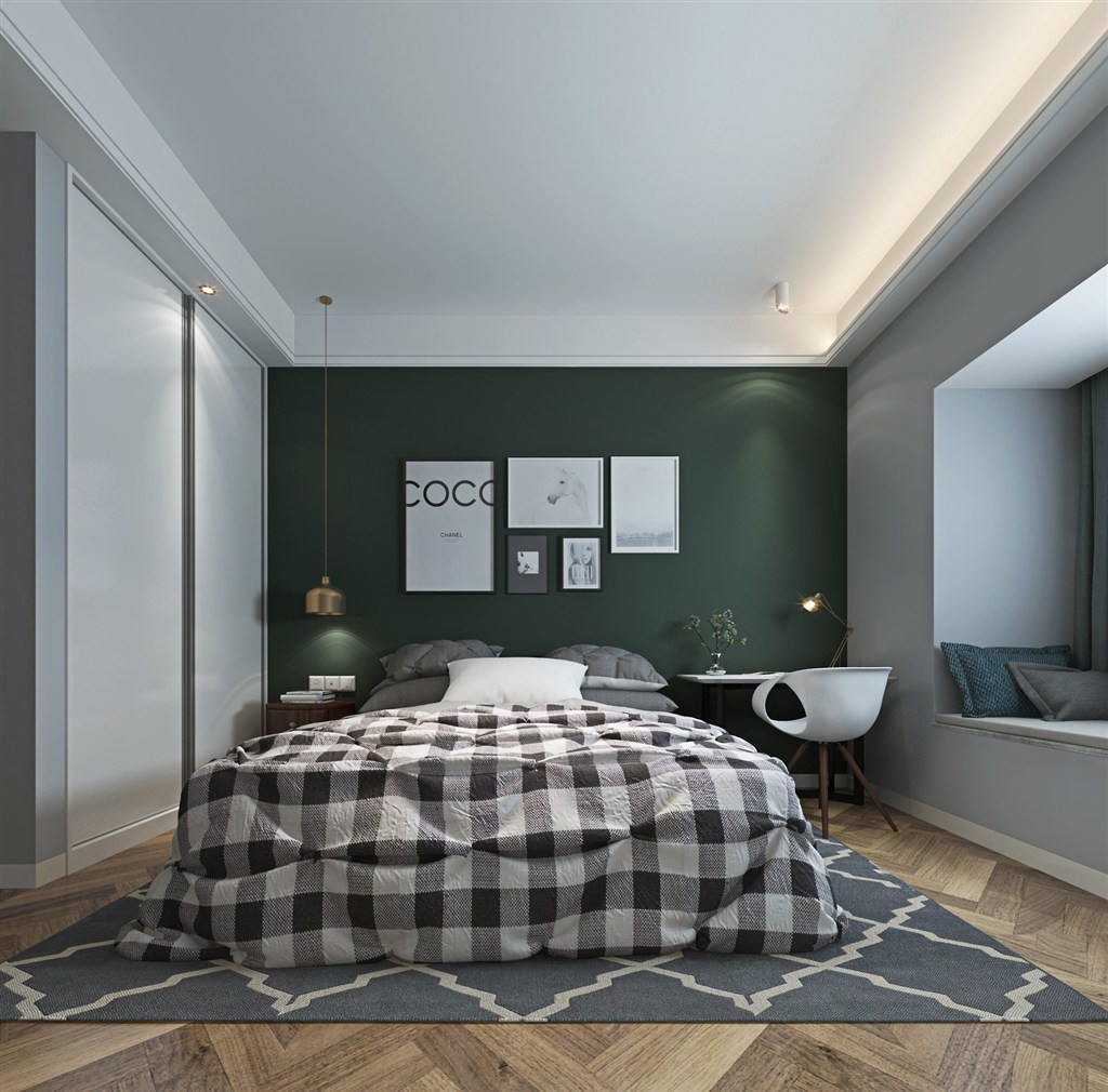 现代轻奢卧室深绿色床头罩室内装修效果图图片素材-编号29037141-图行天下