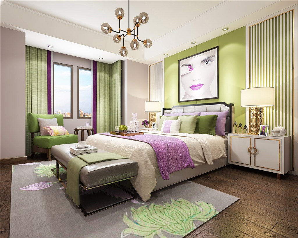 绿紫搭配设计的卧室装修效果图很亮眼的一款设计风格
