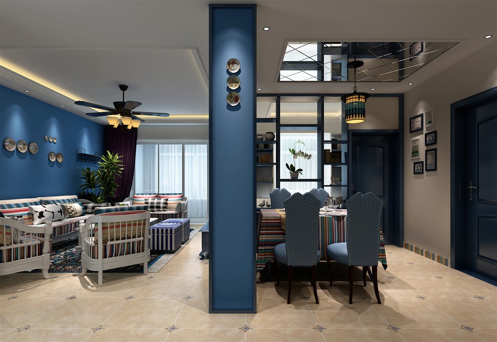 餐厅客厅装修效果图蓝色格子沙发装饰设计