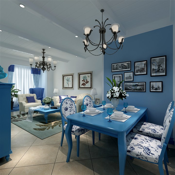 蓝色地中海餐厅装修效果图蓝色餐桌椅墙面搭配设计