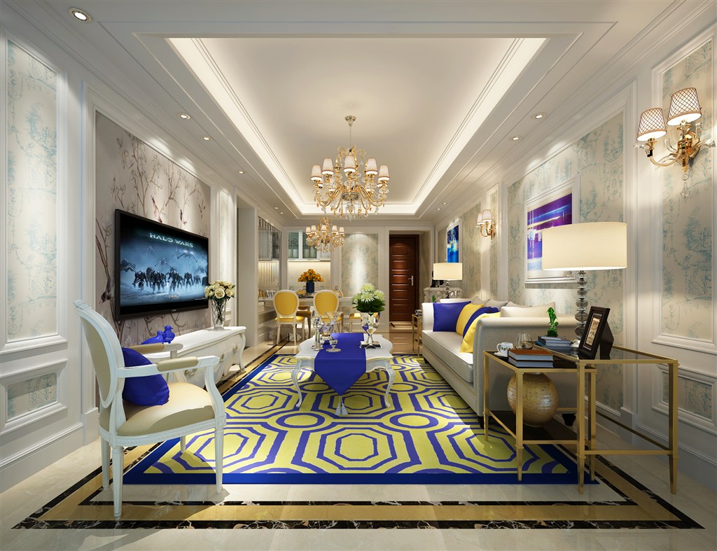 亮蓝色菱形格子客厅装修效果图欧式风格效果图