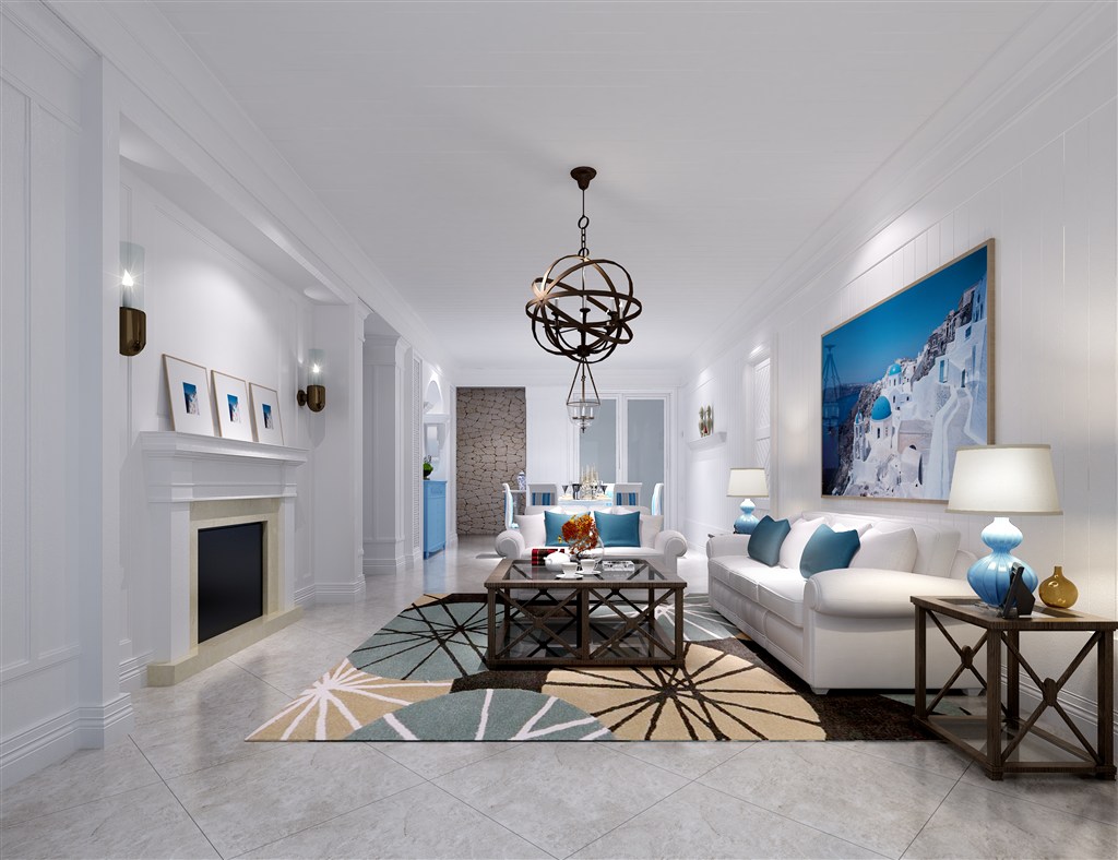 客厅装修效果图蓝白色田园地中海风格设计