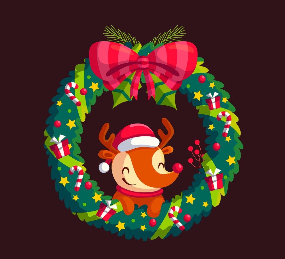 可爱圣诞花环里的笑脸狐狸矢量素材 