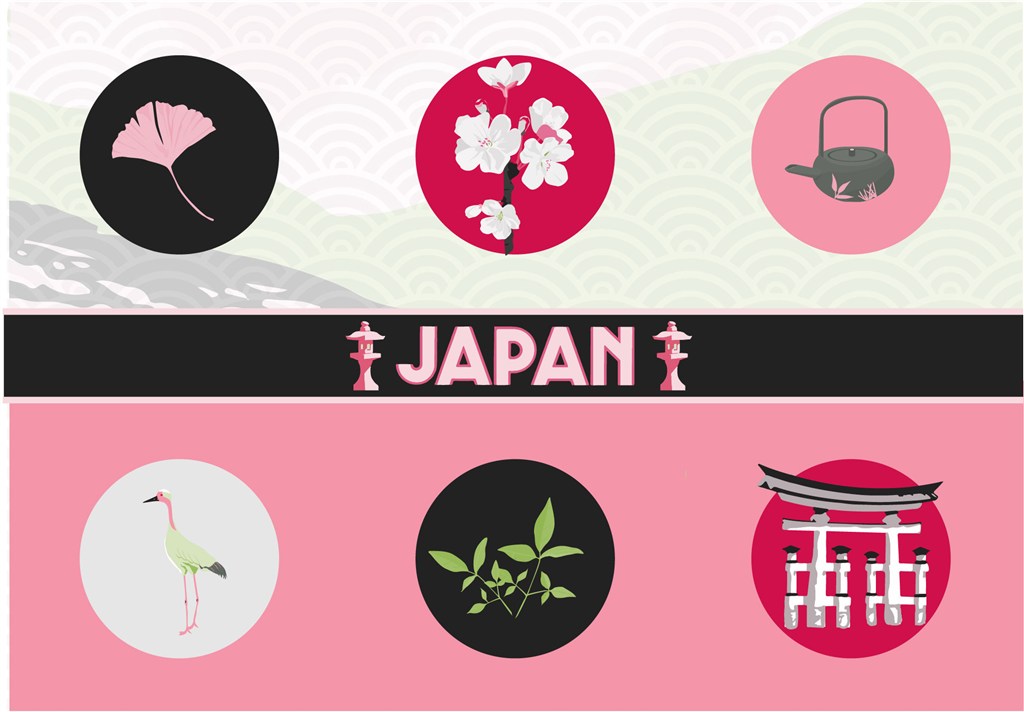 日本标志物神社鸟居茶樱花银杏叶卡通插画图案图标设计矢量素材