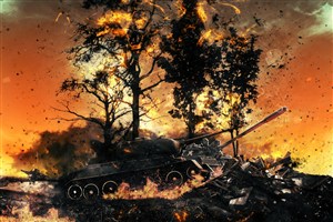 熊熊大火中的坦克和燃烧的大树高清图片
