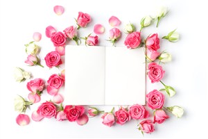 粉色玫瑰花中间的信纸高清图片