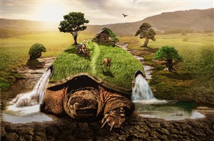 大乌龟背上的草地动物和房子高清图片