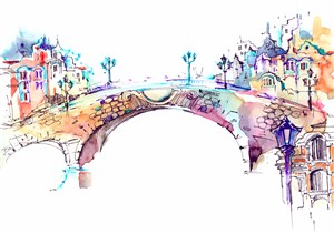 手绘水墨拱桥建筑高清图片