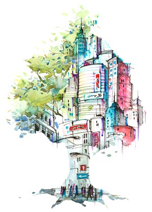 创意彩色手绘大树建筑高清图片