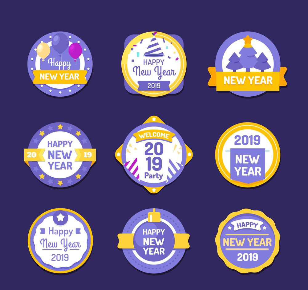 9款2019年紫色新年标签矢量素材 