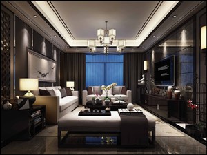 新中式风格客厅装修效果图简洁硬朗直线条装饰设计