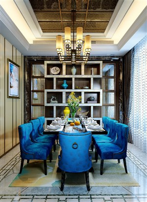 亮蓝色餐椅美式风格餐厅装修效果图