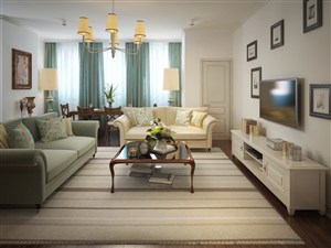 三居室现代风格客厅装修效果图蓝色窗帘黄色沙发装饰设计