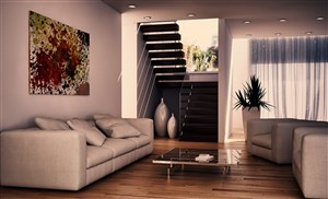 水彩壁画现代风格复式楼客厅装修效果图