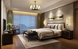 绿色窗帘装饰卧室装修效果图新中式风格设计