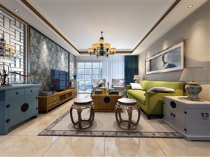 蓝色小碎花绿色沙发装饰客厅装修效果图地中海风格设计
