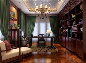 绿色窗帘装饰书房装修效果图新中式风格设计