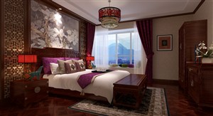 金色紫色红色混合搭配卧室装修效果图新中式风格设计