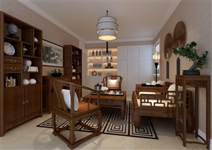 一居室小客厅装修效果图全实木家具装饰新中式风格设计