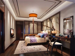 淡紫色桃花装饰卧室装修效果图新中式风格设计