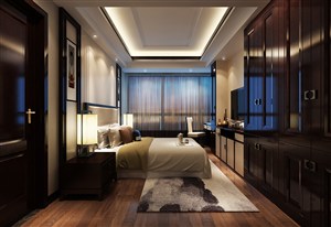 新中式风格卧室装修效果图酒红色实木家具装饰设计