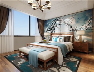 蓝色梅花床头背景墙装饰卧室装修效果图