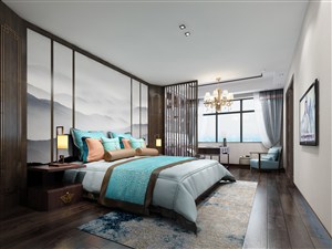 山水风景搭配蓝色床单装饰卧室装修效果图